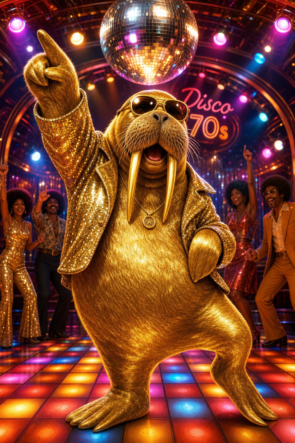 un morse doré qui danse le disco
